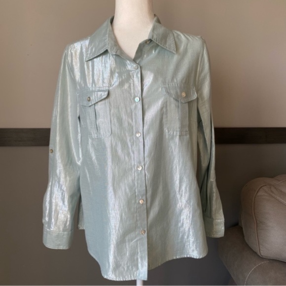 RUBY RD. Petite size 16 3/4 sleeve casual button down shirt metallic collar neck - Picture 4 of 12